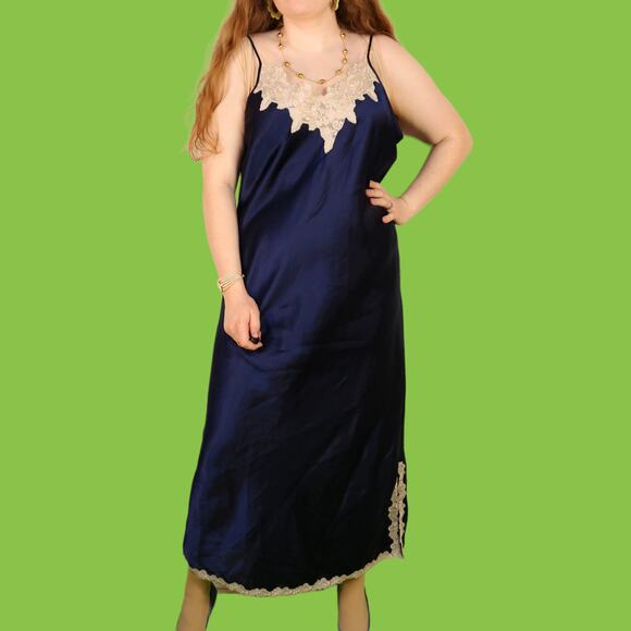 Vintage Navy Blue Jaclyn Smith Slip Dress with Lace, XL - Picture 2 of 7
